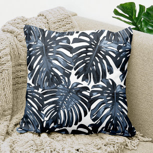 Tropical Grey White Monstera Jungle Leaves Cushion