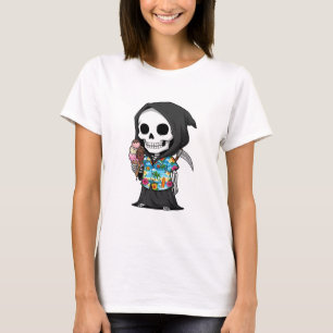 Tropical Grim Treats – Playful Skeleton Cartoon T-Shirt