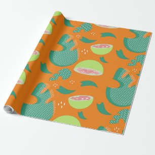 Tropical Guava Fruit and Greenery Orange Wrapping Paper