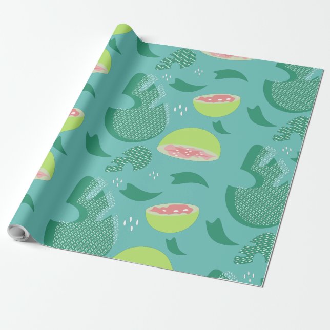 Tropical Guava Fruit and Greenery Pink Teal Wrapping Paper (Unrolled)