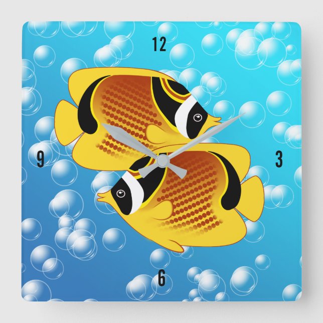 Tropical Halfmoon Butterflyfish Exotic Sealife Square Wall Clock (Front)