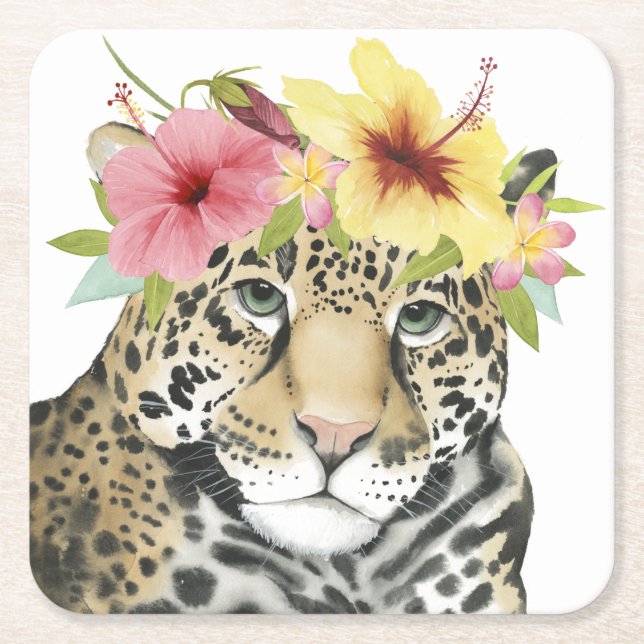 Tropical Halo | Sweet Cheetah Square Paper Coaster (Front)