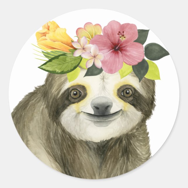 Tropical Halo | Sweet Sloth Classic Round Sticker (Front)