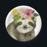 Tropical Halo | Sweet Sloth Paper Plate<br><div class="desc">This watercolor print features a sloth adorned with a floral crown | By Grace Popp. Image ID: 123776GG</div>