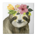 Tropical Halo | Sweet Sloth Tile<br><div class="desc">This watercolor print features a sloth adorned with a floral crown | By Grace Popp. Image ID: 123776GG</div>