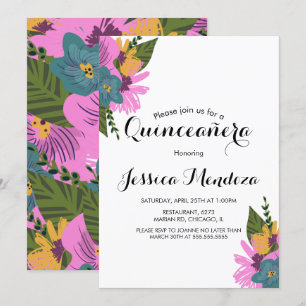 Tropical Hand Drawn Floral Quinceañera Sweet 16  Invitation