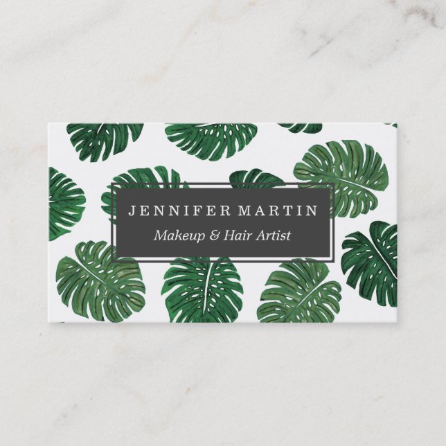 Tropical Hand Painted Swiss Cheese Plant Leaves Business Card (Front)