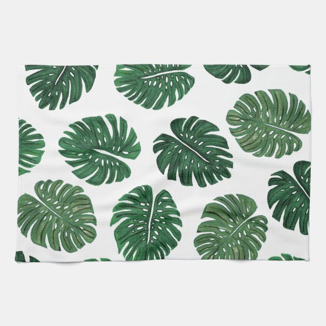 Tropical Hand Painted Swiss Cheese Plant Leaves Tea Towel (Horizontal)