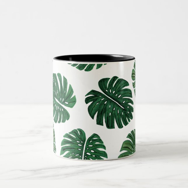 Tropical Hand Painted Swiss Cheese Plant Leaves Two-Tone Coffee Mug (Center)
