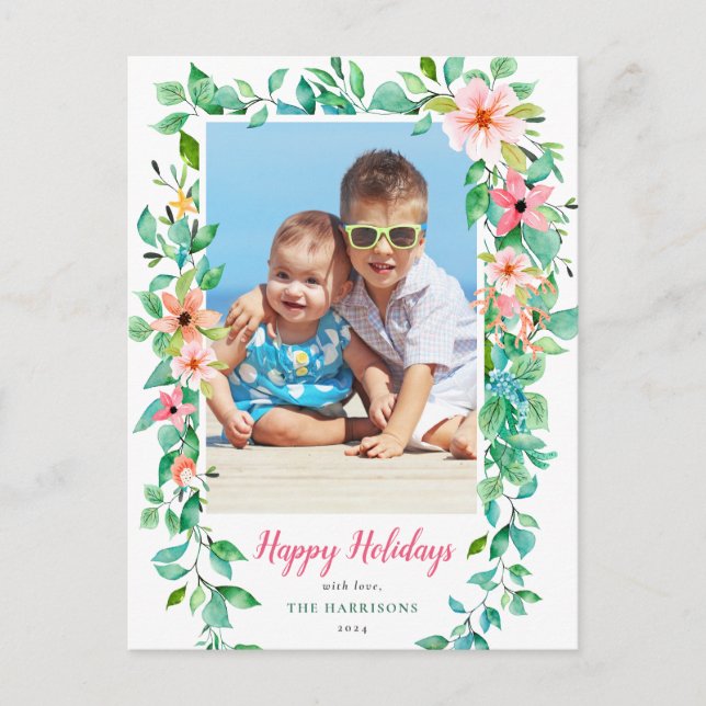 Tropical Happy Holidays 1-Photo Floral Postcard (Front)