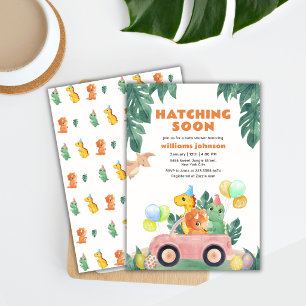 Tropical Hatching Soon Dinosaur Car Baby Shower Invitation