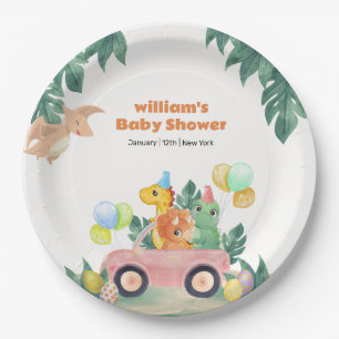 Tropical Hatching Soon Dinosaur Car Baby Shower Paper Plate