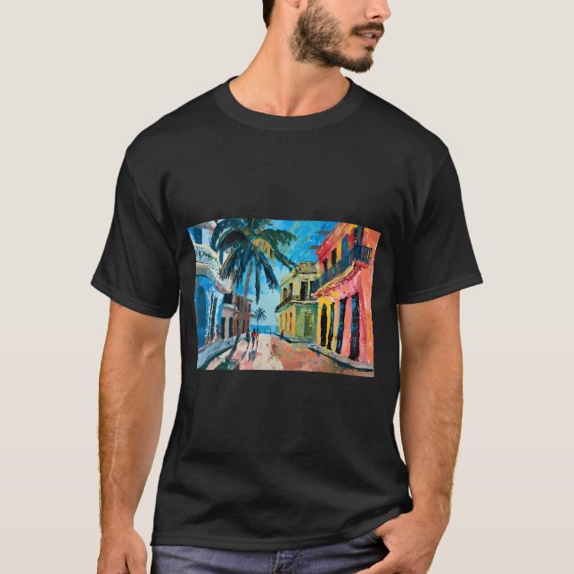 Tropical Havana Harmony - Lively Street Scene With T-Shirt (Front)