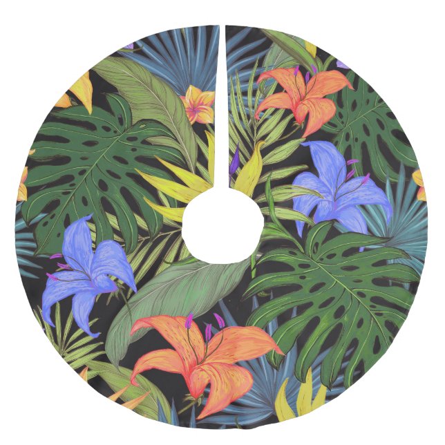 Tropical Hawaii Aloha Flower Graphic Brushed Polyester Tree Skirt (Front)