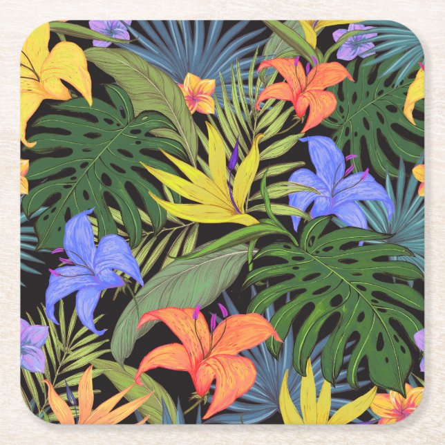Tropical Hawaii Aloha Flower Graphic Square Paper Coaster (Front)