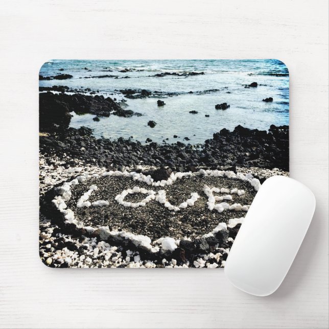 Tropical Hawaii Black Sand Beach Coral Love Heart Mouse Mat (With Mouse)