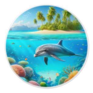 Tropical/Hawaii colourful underwater dolphin Ceramic Knob