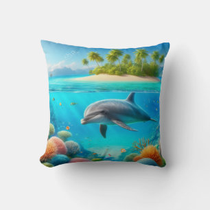 Tropical/Hawaii colourful underwater dolphin Cushion