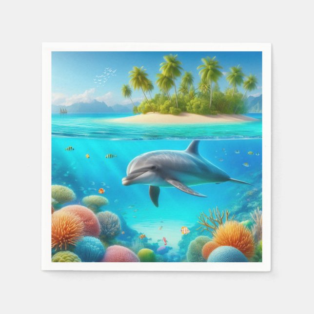 Tropical/Hawaii colourful underwater dolphin Napkin (Front)
