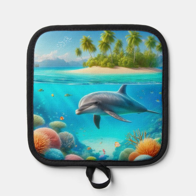Tropical/Hawaii colourful underwater dolphin Pot Holder (Front)