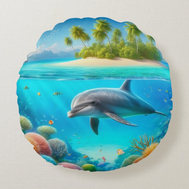 Tropical/Hawaii colourful underwater dolphin Round Cushion (Front)