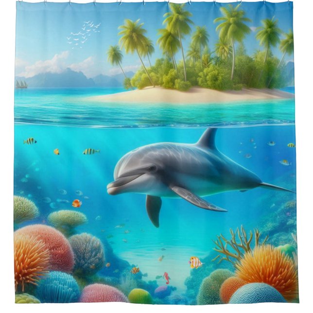Tropical/Hawaii colourful underwater dolphin Shower Curtain (Front)