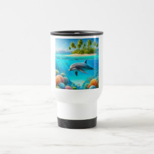 Tropical/Hawaii colourful underwater dolphin Travel Mug
