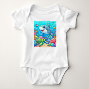 Tropical/Hawaii colourful underwater shark & turtl Baby Bodysuit
