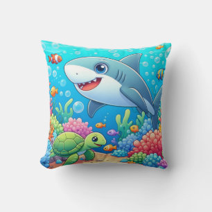 Tropical/Hawaii colourful underwater shark & turtl Cushion
