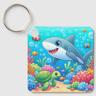 Tropical/Hawaii colourful underwater shark & turtl Key Ring