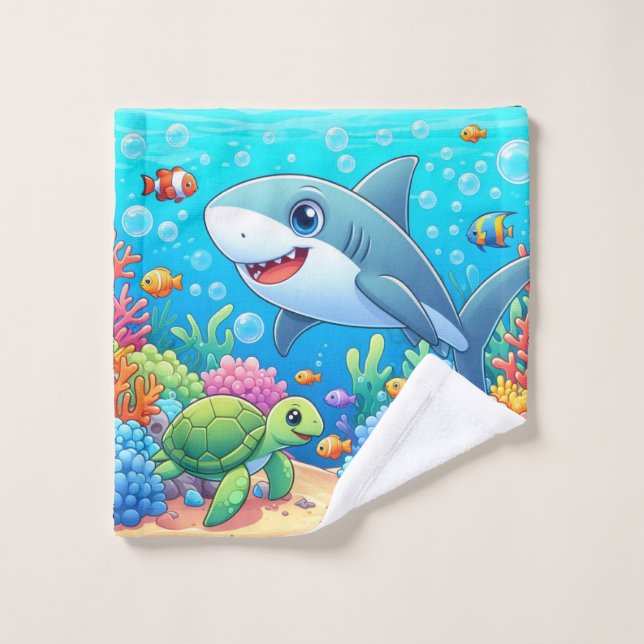 Tropical/Hawaii colourful underwater shark & turtl Wash Cloth (Wash Cloth)