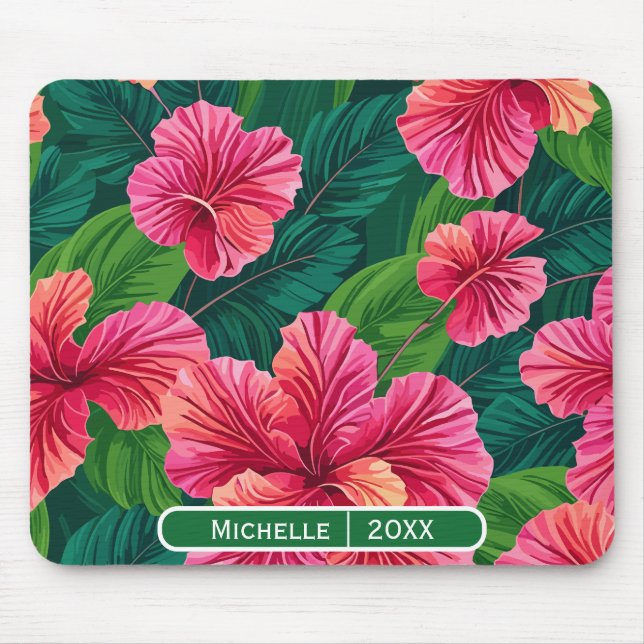 Tropical Hawaii Hibiscus Palm Leaves Modern Art Mouse Mat (Front)