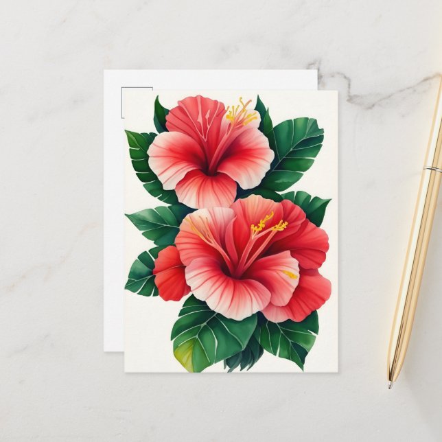 Tropical Hawaii Light Red Hibiscus Postcard (Front/Back In Situ)