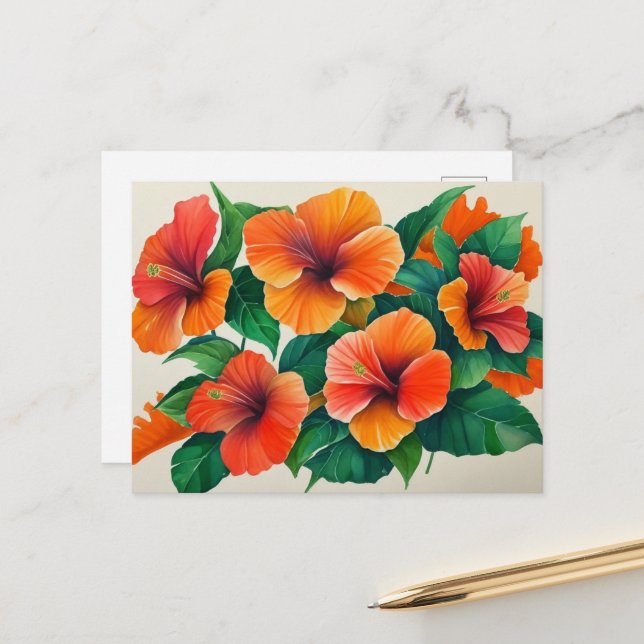 Tropical Hawaii Orange Hibiscus Flower Postcard (Front/Back In Situ)