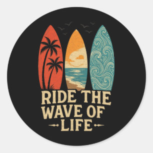 Tropical Hawaii Palm Tree Surfing Beach Surfboard Classic Round Sticker