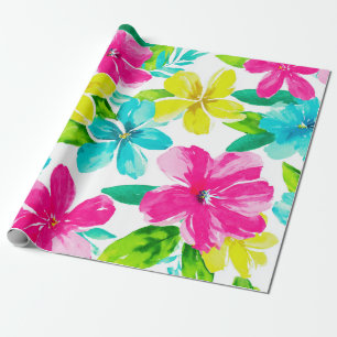 Tropical Hawaii Plumeria Pink Frangipani Floral Wrapping Paper