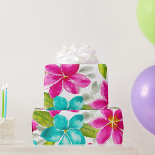 Tropical Hawaii Plumeria Pink Frangipani Floral Wrapping Paper