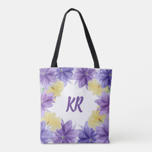 Tropical Hawaii Purple Flowers Floral Monogrammed Tote Bag