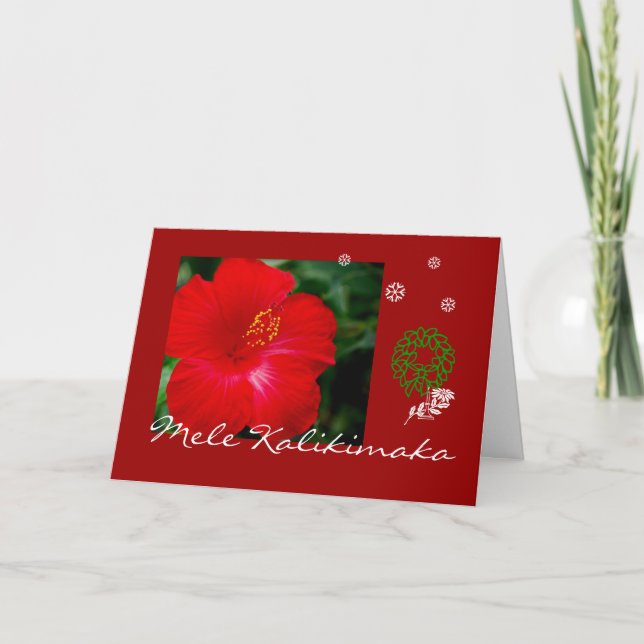 Tropical Hawaii Red Hibiscus, Mele Kalikimaka Holiday Card (Front)
