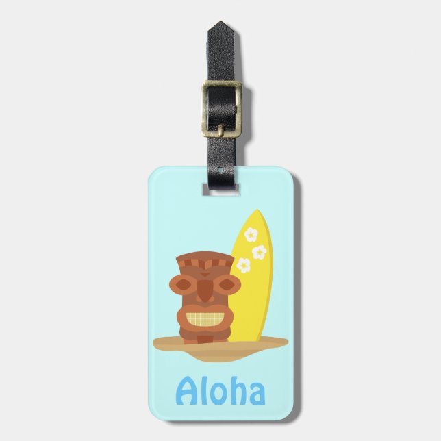 Tropical Hawaii Tiki Beach Surfboard Luggage Tag (Front Vertical)