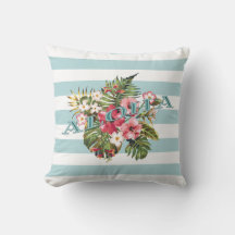 Tropical Hawaiian Aloha Floral & Aqua Stripe