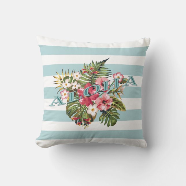 Tropical Hawaiian Aloha Floral & Aqua Stripe Cushion (Front)