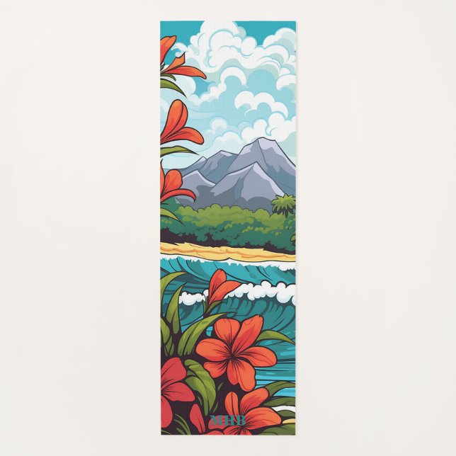 Tropical Hawaiian Beach and Flowers Yoga Mat (Front)