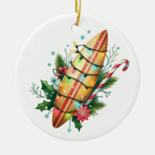TROPICAL HAWAIIAN CHRISTMAS SURFBOARD WITH LIGHTS CERAMIC TREE DECORATION