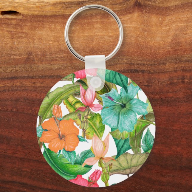Tropical Hawaiian Colourful Hibiscus Floral Key Ring (Front)