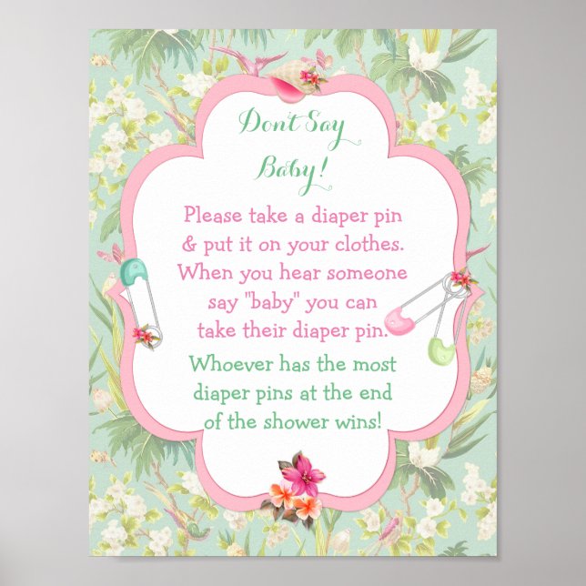 Tropical Hawaiian Diaper Pin Baby Shower Game Poster (Front)