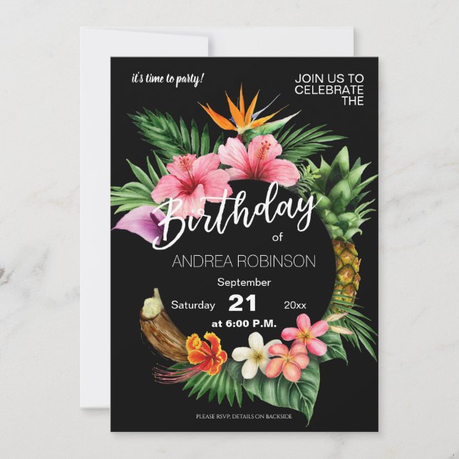 Tropical Hawaiian Floral Birthday Party - Black Invitation (Front)