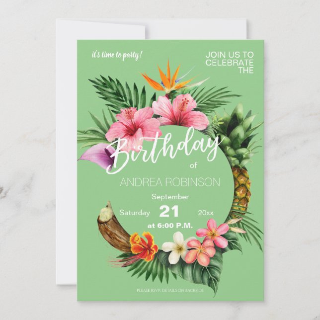 Tropical Hawaiian Floral Birthday Party Green Invitation (Front)