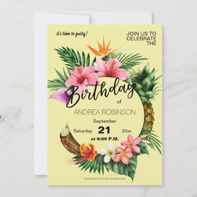 Tropical Hawaiian Floral Birthday Party Yellow Invitation (Front)