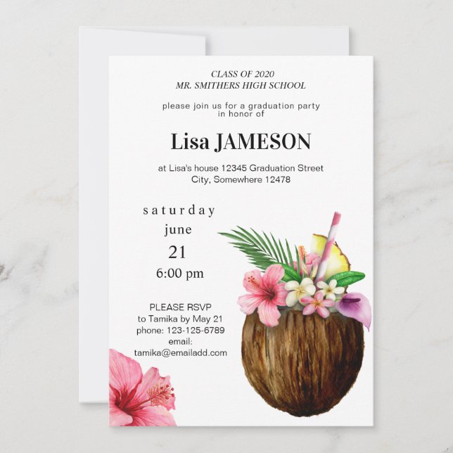 Tropical Hawaiian Floral & Coconut Gradauation Invitation (Front)